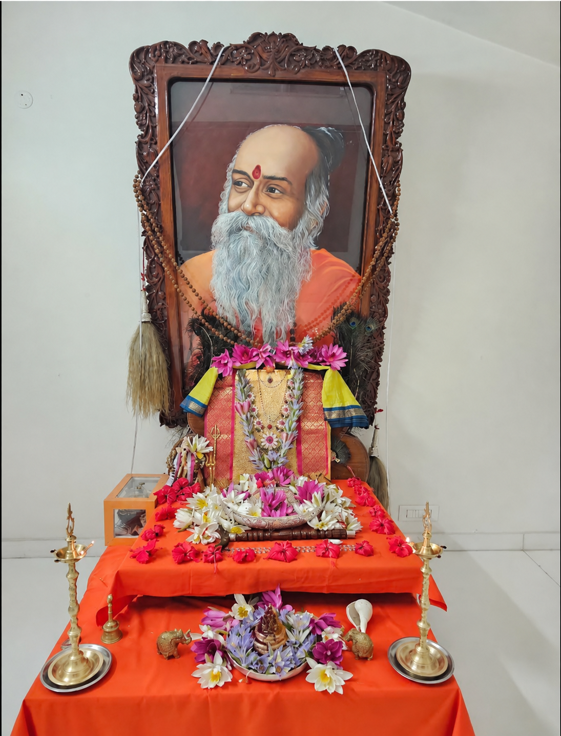 The Peetam with sacred offerings at the Ashram